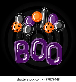 Halloween vector template with balloons in the form of inscriptions Boo. Orange, transparent and purple balloons. Black background.