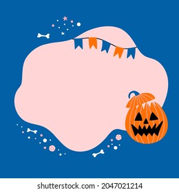 Halloween. Vector template with cute character for your text or photo. Illustration of pumpkin with blot frame in simple cartoon style.  Ideal for cards, invitations, party, preschool, baby nursery.