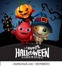 Halloween vector template design. Happy halloween text with demon, bear and pumpkin lantern characters in scary faces in haunted house background for halloween trick or treat. Vector illustration 