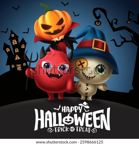 Halloween vector template design. Happy halloween text with demon, bear and pumpkin lantern characters in scary faces in haunted house background for halloween trick or treat. Vector illustration 
