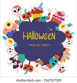 Halloween vector template isolated on a white background. A template with the text trick or treat. Sticker with scary sweets.

