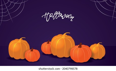 Halloween. Vector template for posters and banners. Orange and yellow pumpkins on lilac backdrop with spider web