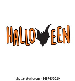 Halloween vector text lettering. Holiday word with bats for banner, poster, greeting card, party invitation, print, icon, sticker. Isolated illustration. Orange and black.