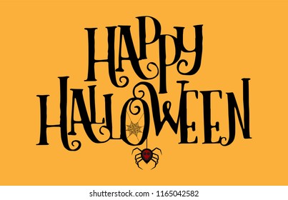 Halloween vector text logo  lettering. Holiday calligraphy with spider and web for banner, poster, greeting card, party invitation. Isolated illustration.
