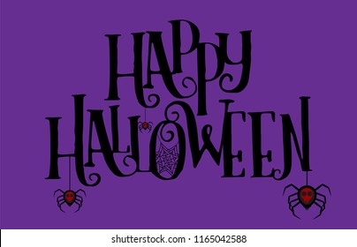 Halloween vector text logo  lettering. Holiday calligraphy with spider and web for banner, poster, greeting card, party invitation. Isolated illustration.