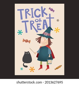 Halloween vector : Trick or treat text , banner or card with witch and blackcat