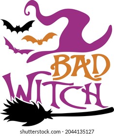 Halloween vector t-shirt design with decorated phrase "Bad Witch" and bats. Perfect design for halloween celebration.