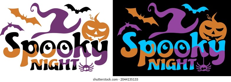 Halloween vector t-shirt design with decorated phrase "Spooky Night" and pumpkin skull. Perfect design for halloween celebration.