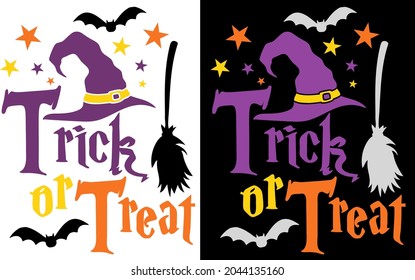 Halloween Vektor T-Shirt Design mit dekoriertem Satz "Trick or Treat" und Hexenhut. Perfektes Design für Halloween-Feiern.