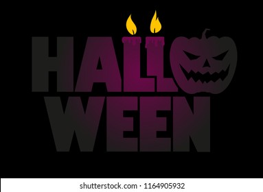 Halloween vector typography design with two candles and pumpkin for banner, poster, greeting card, party invitation. Isolated illustration on black background.