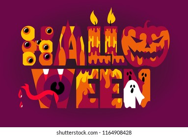 Halloween vector typography whith eyes, candles, pumpkin, vampire mouth, fire, ghosts for banner, poster, greeting card, party invitation. Isolated illustration on dark purple background.
