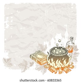 Halloween vector vintage background with hand drawn magic objects