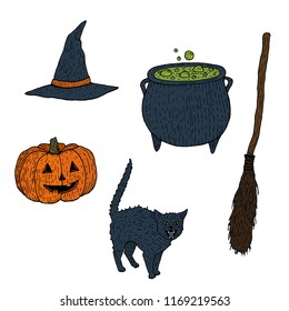 Halloween vector vintage illustration set pumpkin lantern hat cat kettle broom potion witchcraft magic scary october autumn spooky trick or treat isolated on white 