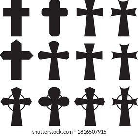 Halloween vector. Vintage old cemetery crosses and graveyard cross silhouettes detailed illustration collection background.