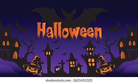 halloween vector wall background illustration with dark purple night shades and haunted house design
