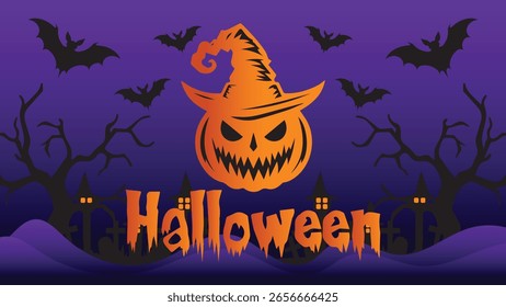 Ilustración de fondo de pared de Vector de Halloween con tonos de noche púrpura oscura y diseño de casa encantada