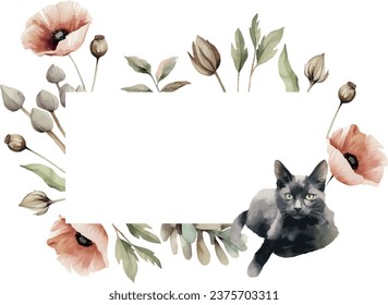 Halloween vector watercolor scary black cat, frame. Set Watercolor hand painting.