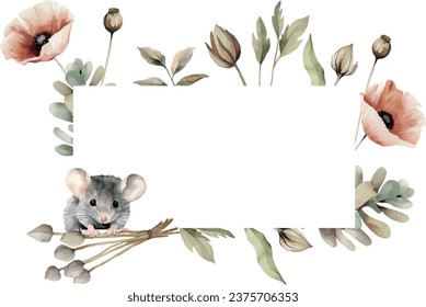 Halloween vector watercolor scary grey mouse sit, frame. Set Watercolor hand painting.