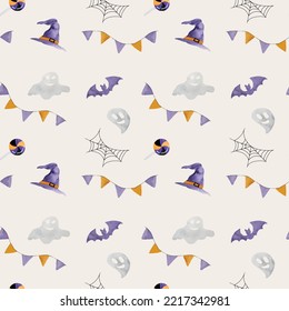 Halloween vector watercolor seamless pattern wih ghosts and bats on white background. Autumn october scary holiday decoration