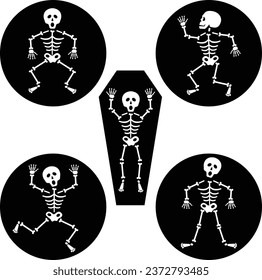 Halloween vector white skeletons silhouette on black 