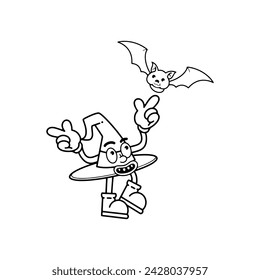 Halloween vector witch hat groovy character. cute bat, Holidays greeting card. Trick or treat. Isolated on white background. For flyers, invitations, cards. boo