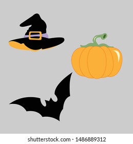 Halloween vector Witch hat , pumpkin and Bat illustration card holiday isolated art