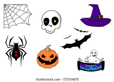 Halloween Vector with: pumpkin, spiderweb, Witch hat, skull, bat, ghost and spider