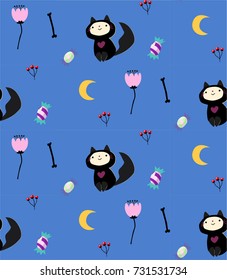 halloween vector wrapping paper.cat, candy, flower.