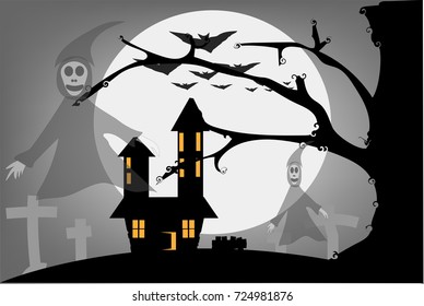 Halloween vector,ghost and bat scary design with white moon background,dark night scene