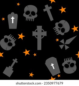 Halloween Vectors set. Halloween seamless pattern. Skeleton Skull of death, the smile of pumpkin, graveyard, witches, bat. and all with orange stars. Pattern for print on fabric and silk.