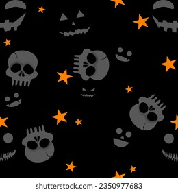 Halloween Vectors set. Halloween seamless pattern. Skeleton Skull of death, the smile of pumpkin, graveyard, witches, bat. and all with orange stars. Pattern for print on fabric and silk.