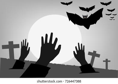 Halloween vector,Zombie show hand with bat flying and full moon background ,concept night scene