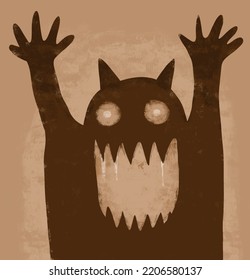 Halloween Vectr Illustration with Big Scary Monster on a Brrown Background.Monster with Glowing Eyes and Big Sharp Teeth. Spooky Hand Drawn Halloween Print ideal for Wall Art, Poster, Card.