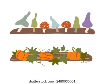 Halloween vegetable patch with pumpkins and toadstool mushrooms. Witch garden harvest vector illustration isolated on white background. Colorful poisonous fly agaric and squashes 