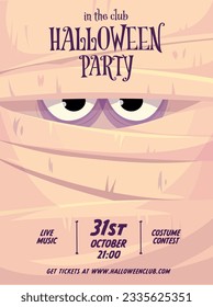 Halloween vertical background with cute mummy. Eyes in bandages. Halloween party flyer or invitation template.