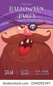 Halloween vertical background with cute pirate. Blindfolded pirate with open mouth and big beard.