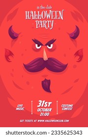 Halloween vertical background with cute red devil or devil with mustache, horns and beard. Halloween party flyer or invitation template.