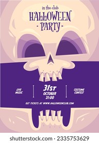 Halloween vertical background with cute skull with open mouth with teeth on dark background. Halloween party flyer or invitation template.