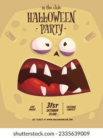 Halloween vertical background with cute zombie. Zombie character with big eyes and open mouth. Halloween party flyer or invitation template. Vector stock illustration.
