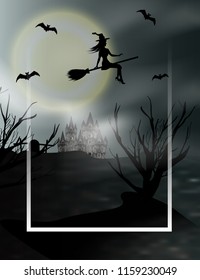 Halloween vertical background with flying young witch and full moon. Fantasy night view with frame. Vector illustration.