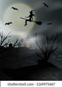 Halloween vertical background with flying young witch and full moon. Fantasy night view. Vector illustration.