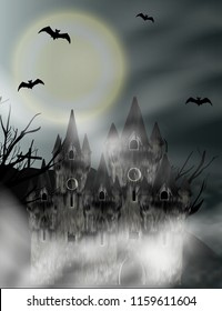 Halloween vertical background with gothic castle in fog and full moon. Fantasy night panoramic view. Vector illustration.