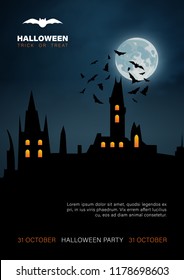 Halloween vertical background with haunted house and full moon. Flyer or invitation template for Halloween party. Vector illustration.