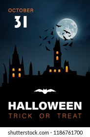 Halloween vertical background with haunted house and full moon. Flyer or invitation template for Halloween party. Vector illustration.