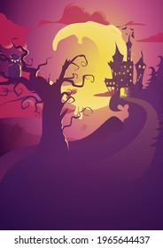 Halloween vertical background with an owl, haunted house and full moon. Flyer or invitation template for Halloween party. Vector illustration.