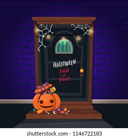 Halloween vertical background with pumpkin and haunted house. Flyer or invitation template for Halloween party. 