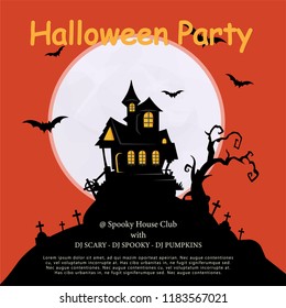 Halloween vertical background with pumpkin, haunted house and full moon. Flyer or invitation template for Halloween party. Vector illustration.