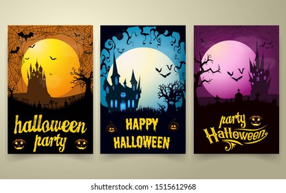 Halloween vertical background with pumpkin. haunted house and full moon. Flyer or invitation template for Halloween party.