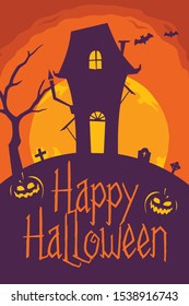 Halloween vertical background with pumpkin, haunted house and full moon. Flyer or invitation template for Halloween party. Vector illustration