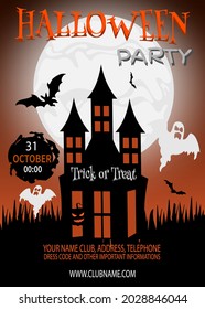 Fondo vertical de Halloween con calabaza, casa embrujada y luna llena. Un volante o plantilla de invitación para una fiesta de Halloween. Ilustración vectorial. EPS 10